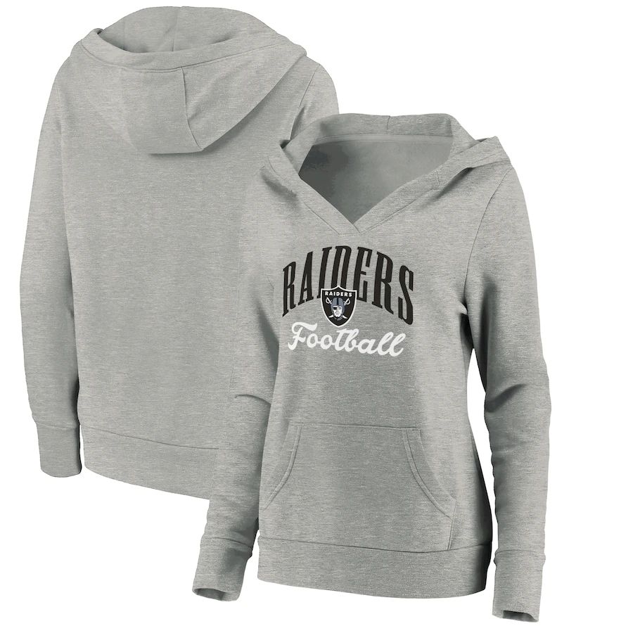 Women Oakland Raiders Fanatics Branded Heathered Gray Victory Script V-Neck Pullover Hoodie->women nfl jersey->Women Jersey